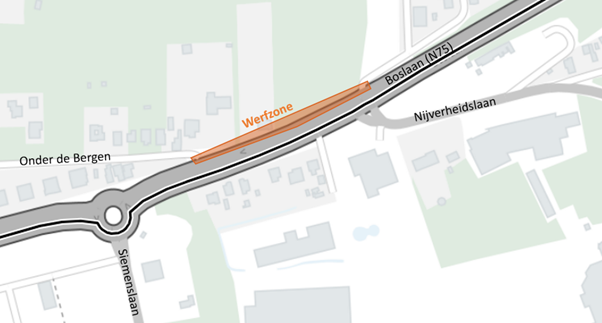 De kaart geeft de werfzone aan van de werken op de Boslaan (N75) in Dilsen-Stokkem. 