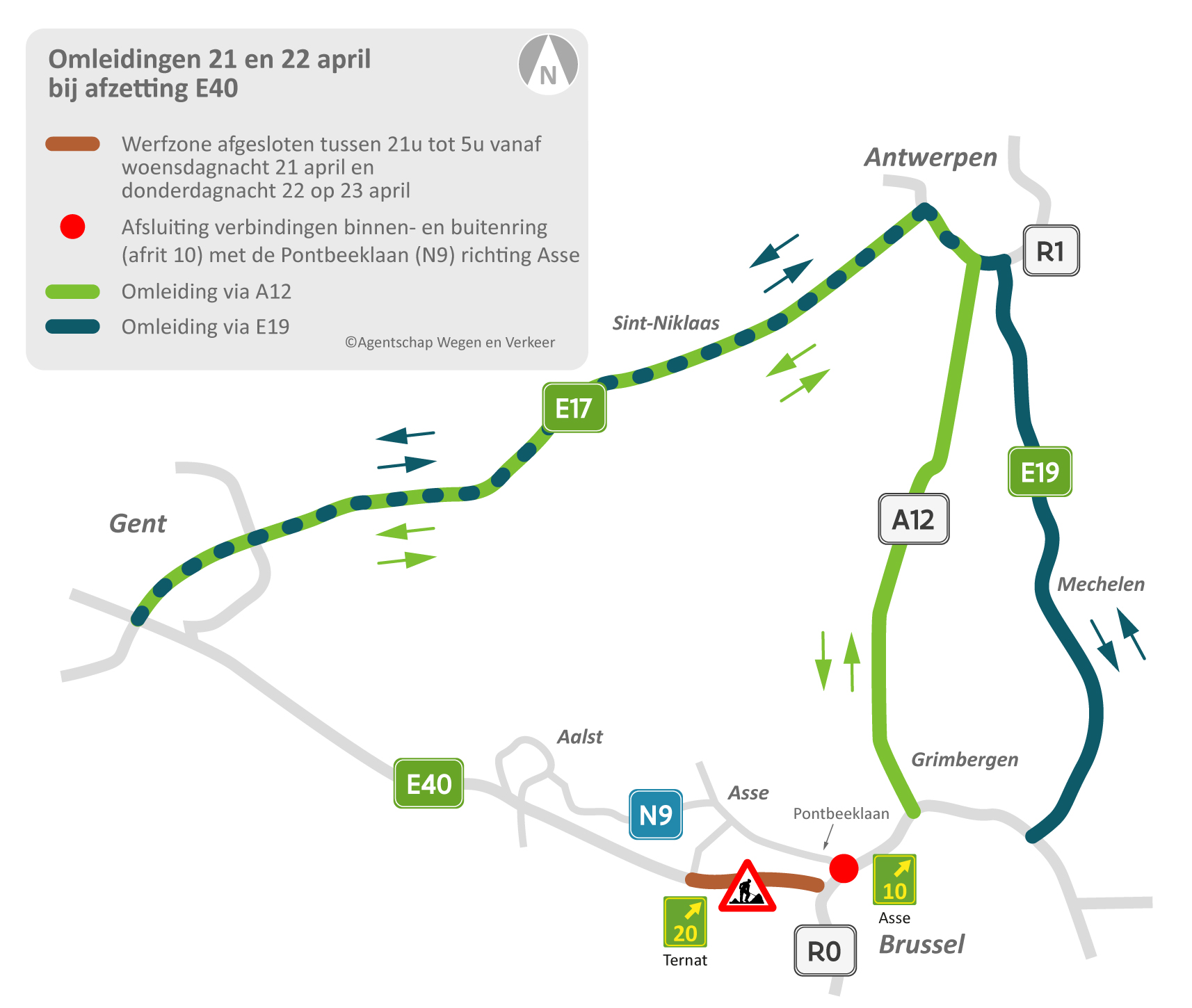 Omleidingen tijdens de plaatsing van drie laatste portieken op de E40 tussen Groot-Bijgaarden en Ternat