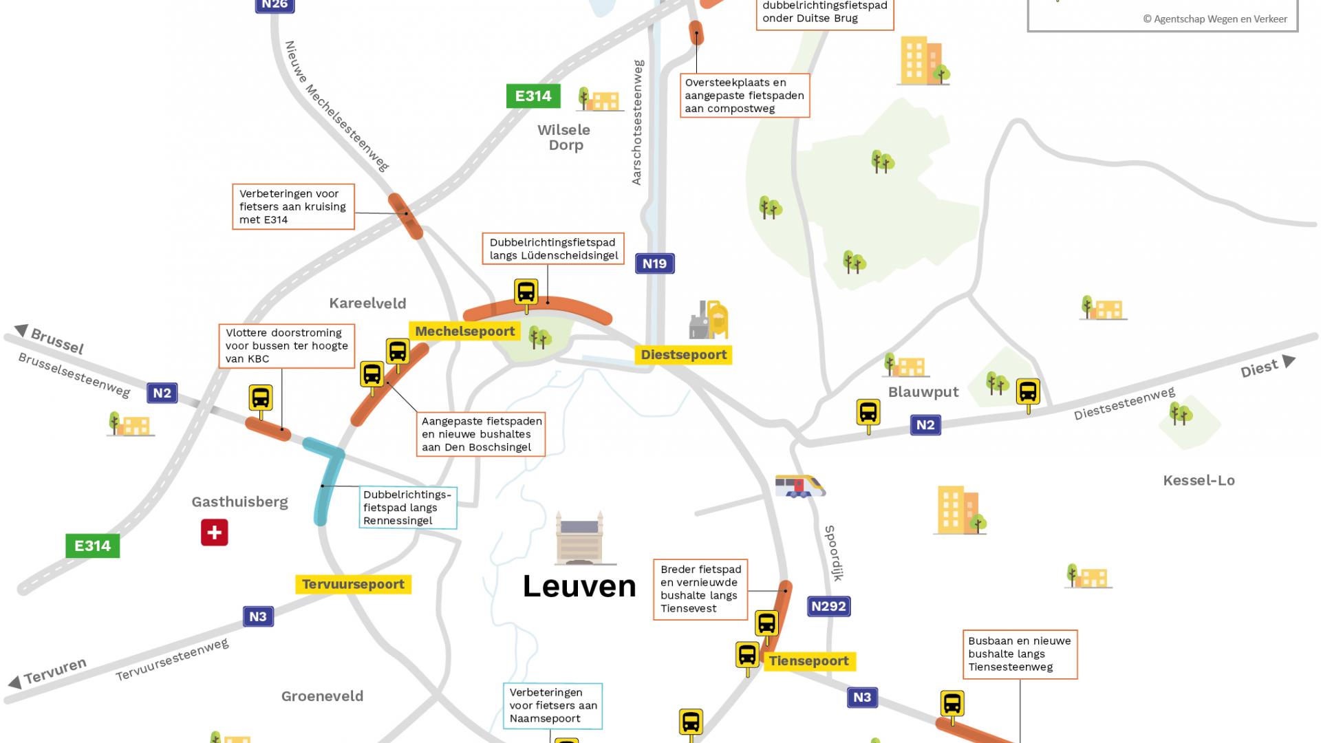 Overzichtskaart met verbeteringen voor fietsers en openbaar vervoer rondom Leuven
