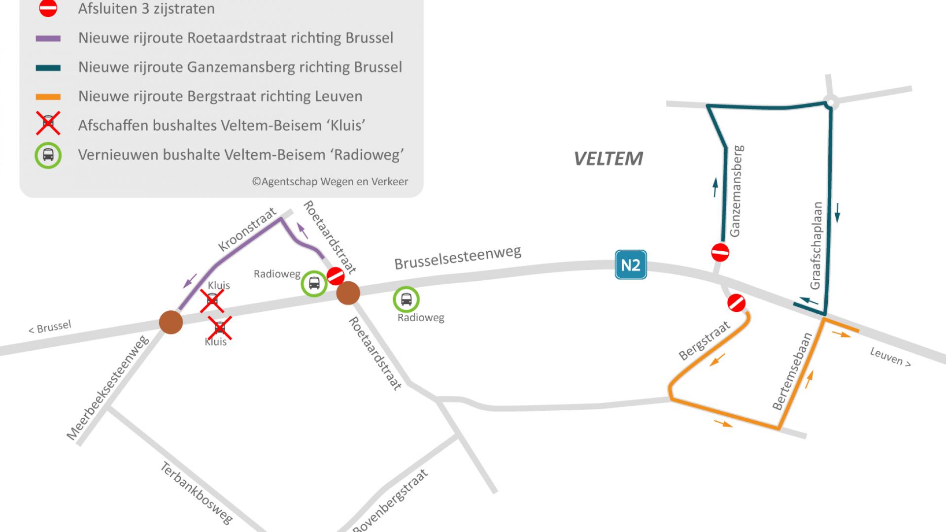 Situeringskaart van de werken op de Brusselsesteenweg in Herent met de afsluiting van 3 zijstraten