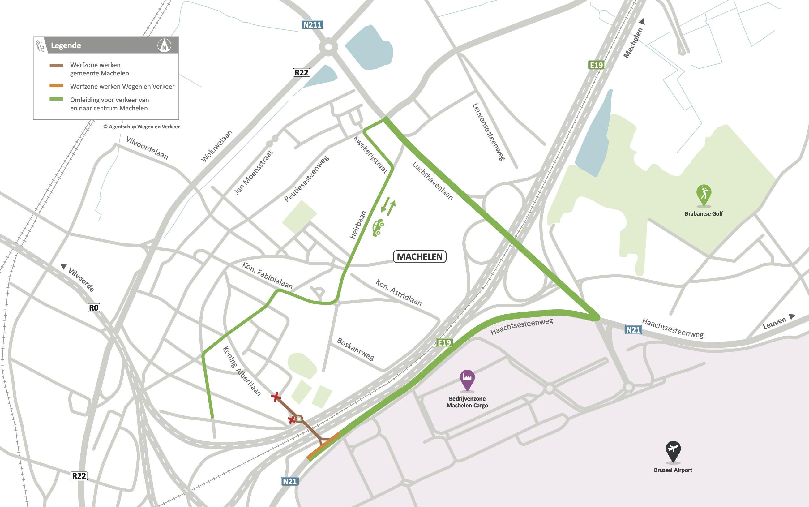 N21 Omleidingskaart Machelen bij tweede fase: bereikbaarheid Haachtsesteenweg tijdens afsluiting Lindenplein door twee werven