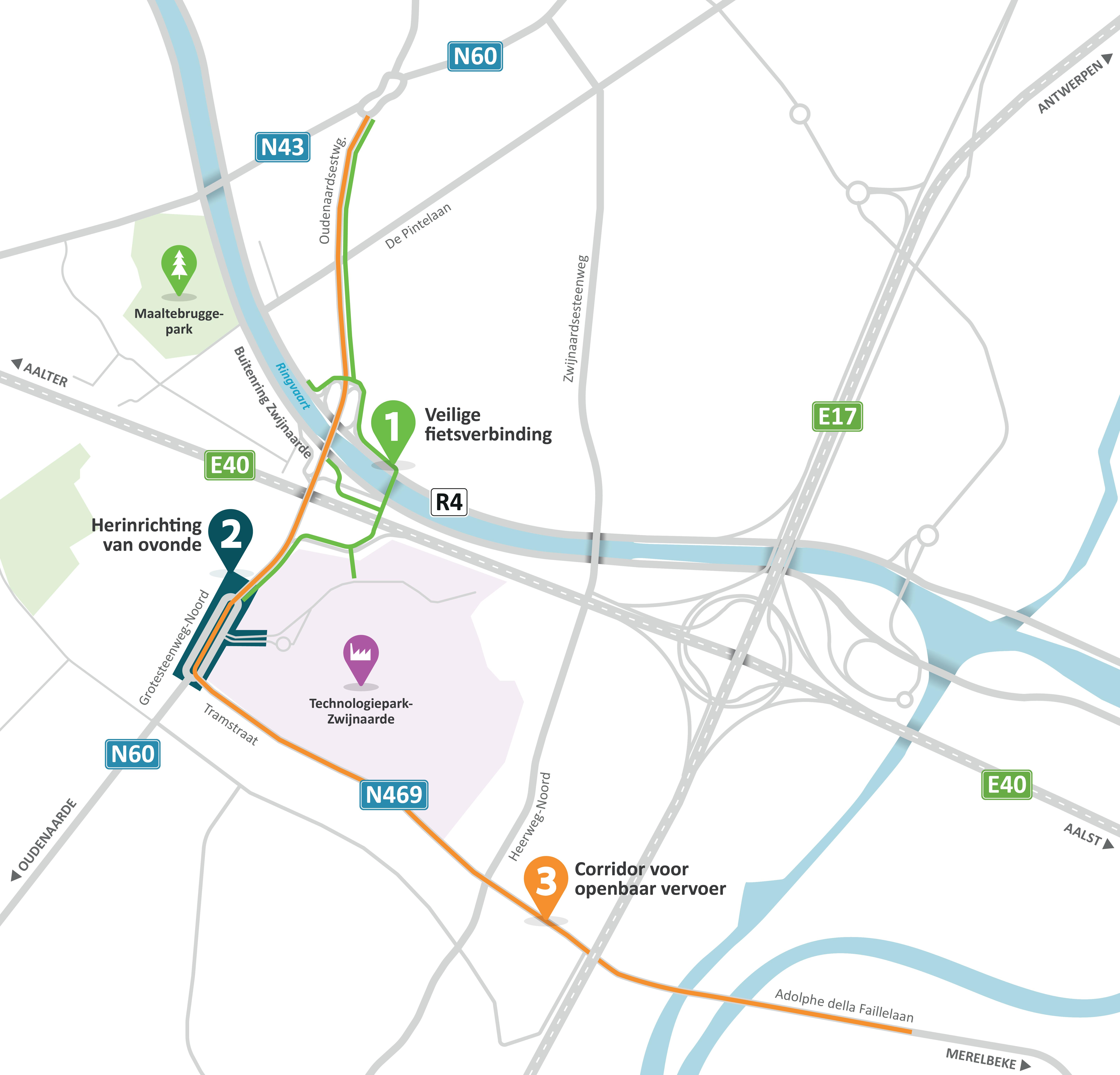 Deze kaart toont de drie onderdelen van het project: een vlotte en veilige fietsverbinding (samen met een fietsbrug), de herinrichting van de ovonde en de corridor voor het openbaar vervoer.