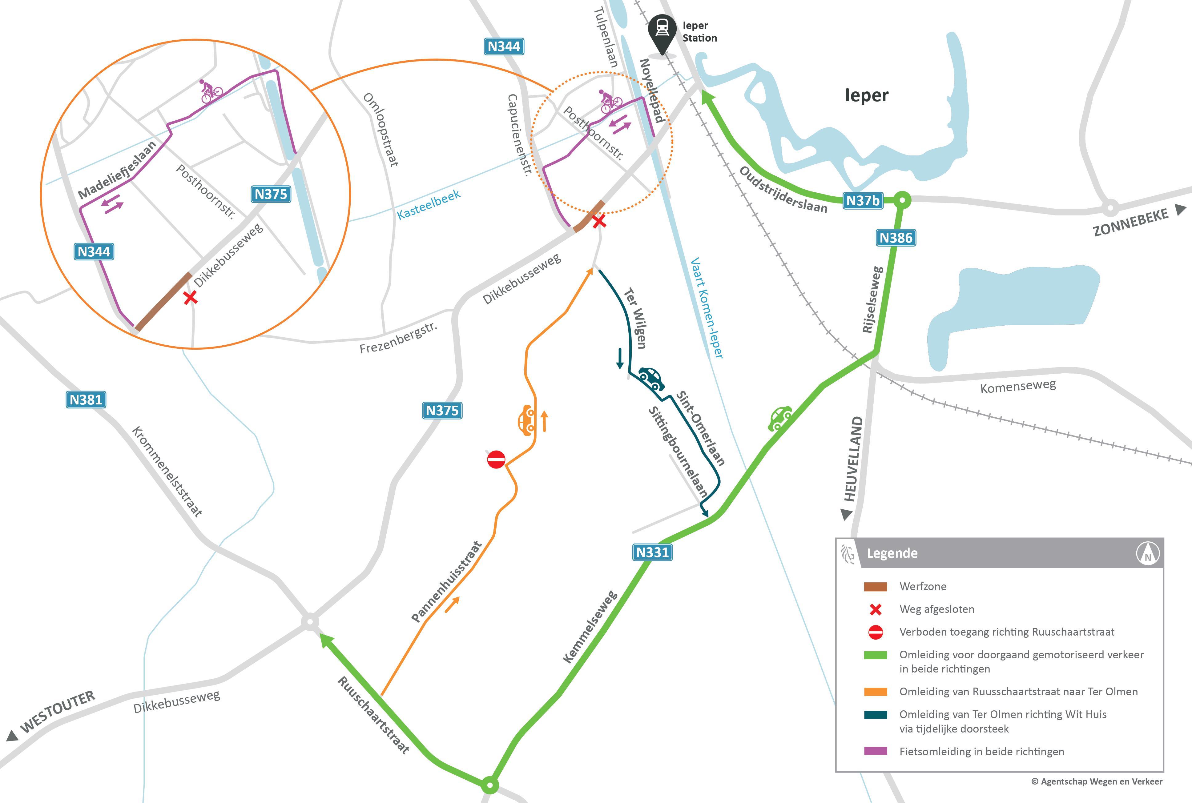 Deze kaart toont hoe het verkeer moet omrijden tijdens fase 3 van de werken op de Dikkebusseweg (N375) in Ieper.