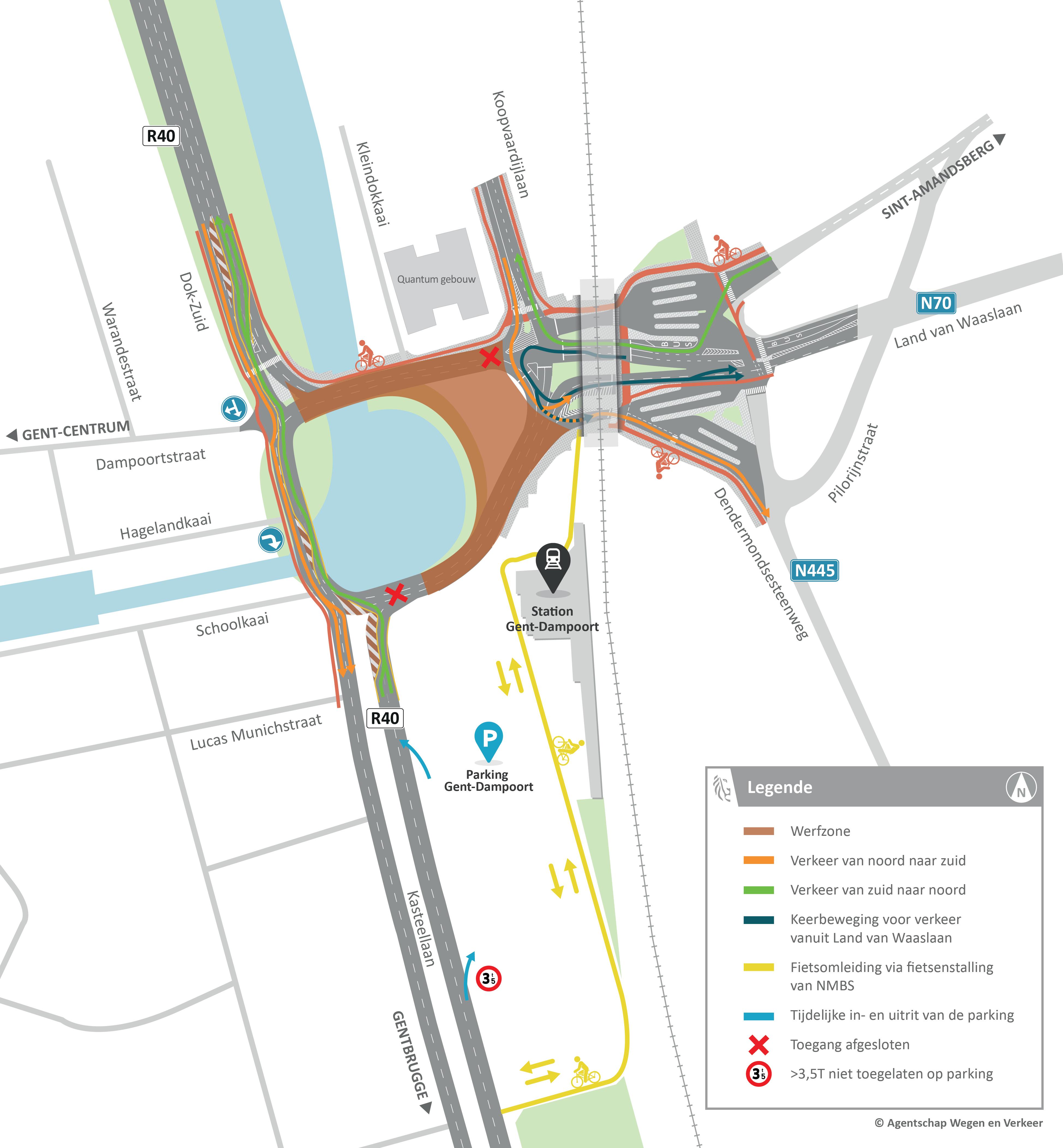 Deze verkeerssituatiekaart toont hoe het verkeer zich verplaatst tijdens de werken van fase 7 (2-15 april) aan Dampoort.