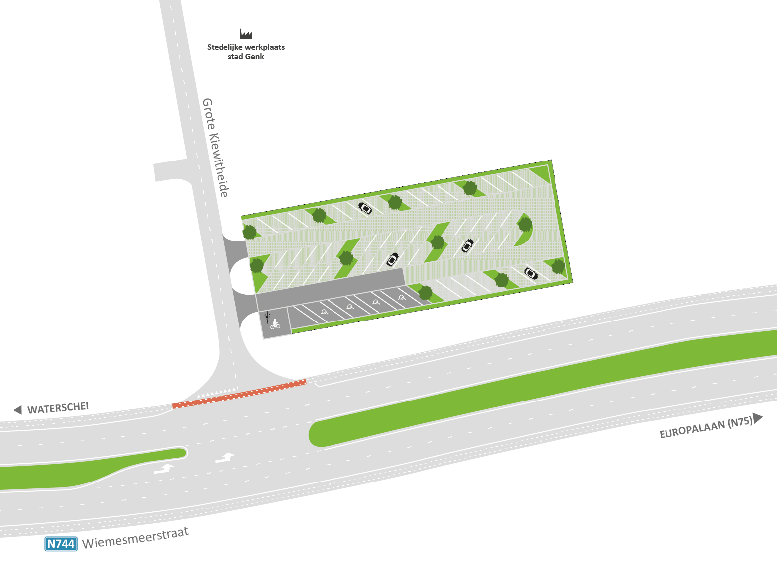 Bovenaanzicht nieuwe carpoolparking langs N744 in Genk