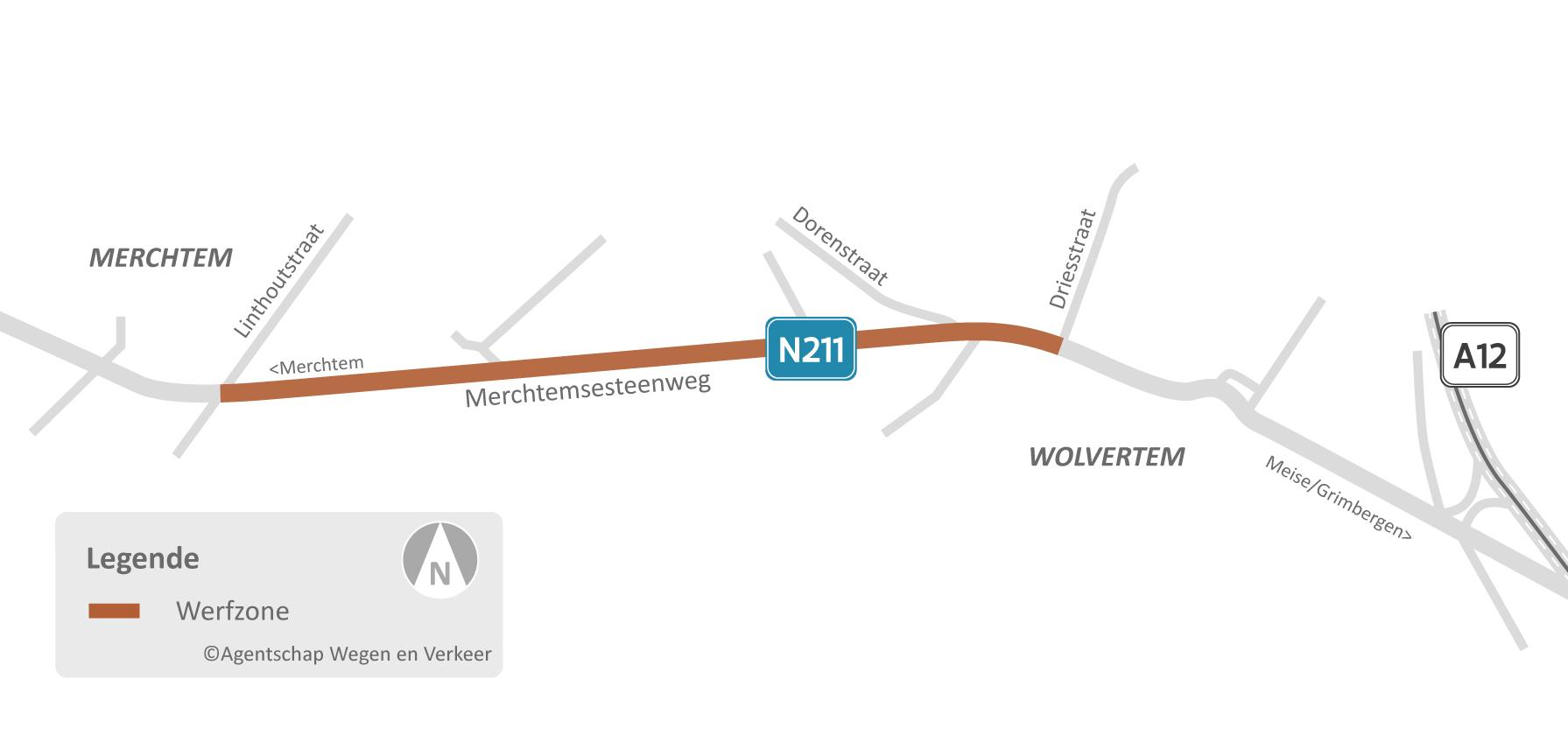 Situeringskaart  van de herinrichting van de Merchtemsesteenweg in Wolvertem en Merchtem